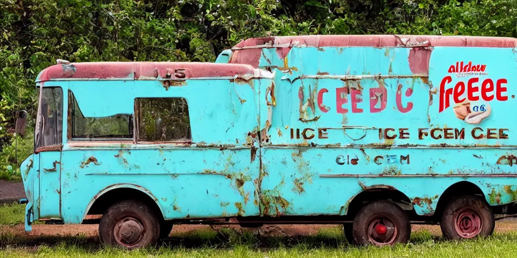 Image similar to an abandoned ice cream truck from the 6 0 s, with the words free ice cream and a logo for the ice cream company algida