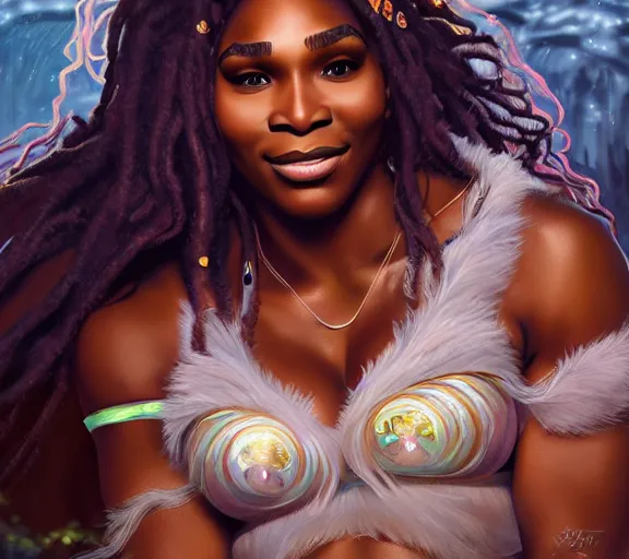 Prompt: serena williams as a beautiful ancient! frost witch, fire in eye, snow glow, pool party, highly detailed, digital painting, artstation, sharp focus, illustration, art by tan zi and ayanamikodon and alphonse mucha and wlop