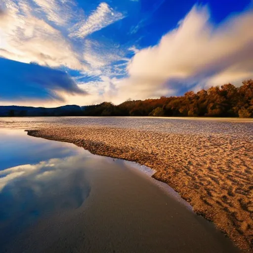 Prompt: photo of a sandy beach along a small clear river in autumn, blue sky with some clouds, beautiful lighting, bright colors, blurry shadows, award winning photography, national geographic