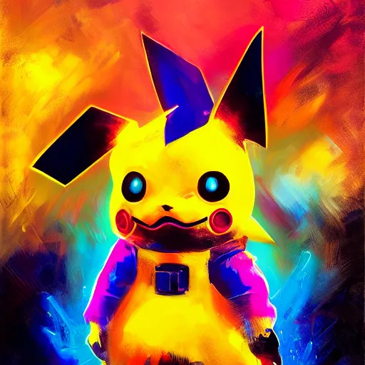 Prompt: cyberpunk pikachu, striking, defiant, spotlight, vibrant colors, paint splash, beautiful eyes, by marco paludet and gianni strino and marion bolognesi