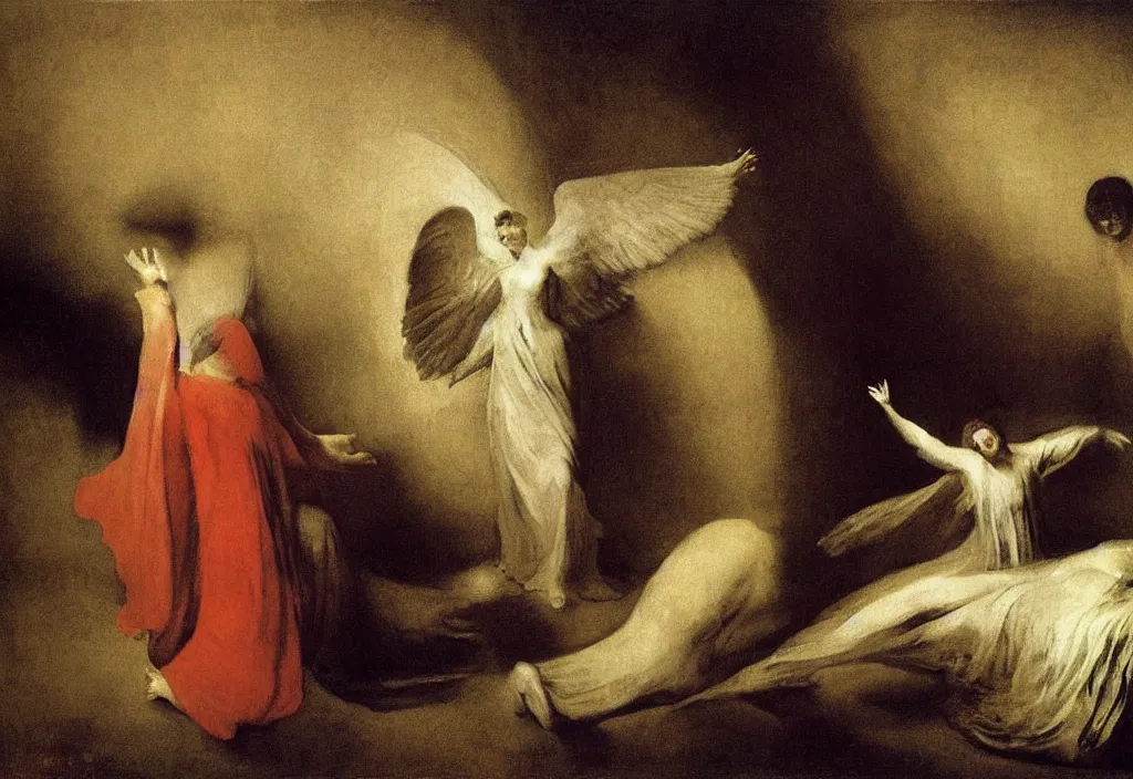 Image similar to the annunciation by Odd Nerdrum, by Francisco Goya, by Francis Bacon, beautiful, eerie, surreal, colorful