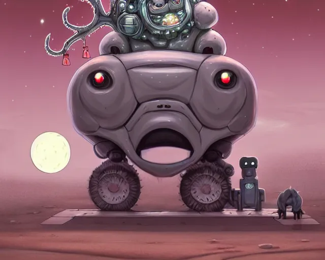 Prompt: a cell shaded cartoon grey lovecraftian mechanized santa + deer robot, with a big head, on a desert road, wide shot, in front of a big moon, muted colors, post grunge, josan gonzales, wlop, by james jean, victor ngai, hq, deviantart, art by artgem