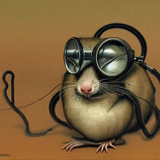 Prompt: a rat with steampunk googles, by Zdzisław Beksiński