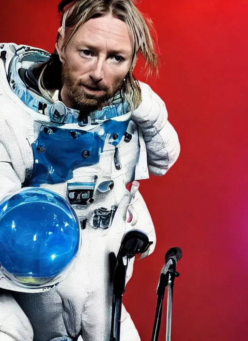 Image similar to calm thom yorke singer songwriter frontman, in spacesuit filling up with water, ultrafine detail, hyper realistic face, beautiful blue eyes, black spherical pupils, eyes reflecting into eyes reflecting into infinity, eyes reflecting into eyes reflecting into infinity