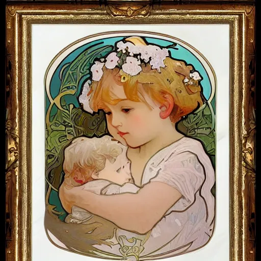 Image similar to art nouveau painting by Alphonse Mucha of a little boy with blonde hair and a round cherubic face. The painting is framed by flowers. Soft, muted colors, dreamy aesthetic.