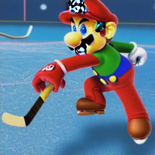 Image similar to super mario playing hockey, highly detailed, extremely high quality, hd, 4 k, 8 k, canon 3 0 0 mm, professional photographer, 4 0 mp, lifelike, top - rated, award winning, realistic, detailed lighting, detailed shadows, sharp, no blur, edited, corrected, trending