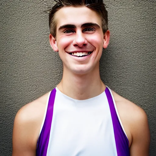 Prompt: photographic portrait by Annie Leibovitz of a young white male smiling with short brown hair that sticks up in the front, dark eyes, groomed eyebrows, tapered hairline, sharp jawline, wearing a purple white volleyball jersey, sigma 85mm f/1.4, 15mm, 35mm, 4k, high resolution, 4k, 8k, hd, full color