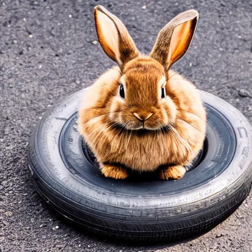 Image similar to a cute bunny sitting on a tire, studio photo, high quality