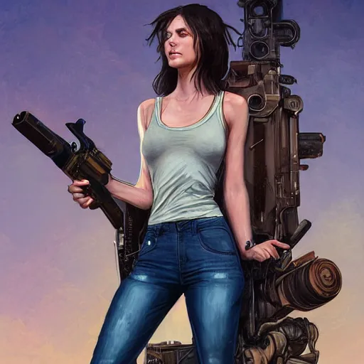 Prompt: Full body portrait of a beautiful young woman wearing a tank top and jeans shooting a Lovecraftian monster with a shotgun, horror, digital painting, detailed, artstation, Greg Rutkowski, Artgerm, Alphonse Mucha