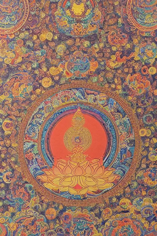 Prompt: an ornate ultradetailed tibetan thangka, A giant lotus mandala, celestial bodies, Post apocalyptic, flying through time, portal into anotheer dimension, giant lotus mandala, intricate tapestry, by yoshitaka amano, hiroshi yoshida, moebius, trending on instagram, 8k, HD, gigapixel, highly detailed, epic, exquisite, great coherency, painted on silk, realistic proportions, Tibetan art, Thangka painting, Buddhist art, Medieval Art, Asian Art, Sacred Geometry, sharpness applied, hyperrealism