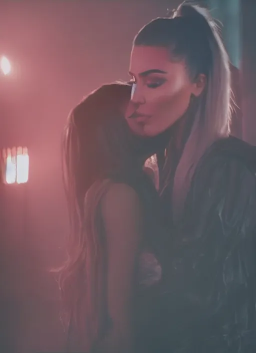 Image similar to film still of kylie Jenner kissing kim kardashian romanticly, scenic cyberpunk city backround, cinematic lighting, cinematic