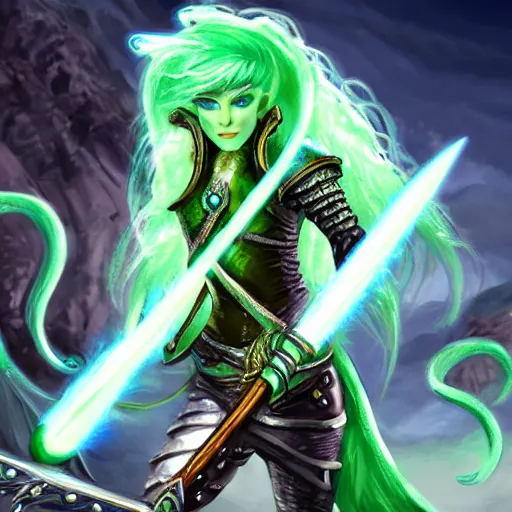 Image similar to a d&d triton with green hair, wielding a staff with a glowing crystal, wearing studded leather armor, male, dungeons and dragons character, standing beside the ocean, digital art