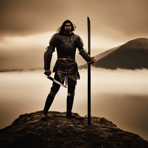 Image similar to a long shot, high quality dslr photo of a tall and muscular man with long black hair in authentic 1 4 th - century armor standing holding a claymore sword. tough and stoic looking. dramatic and cinematic lighting. golden hour. foggy and atmospheric. ben nevis the scottish mountain is in the background. epic and heroic tone. editorial award winning photograph.