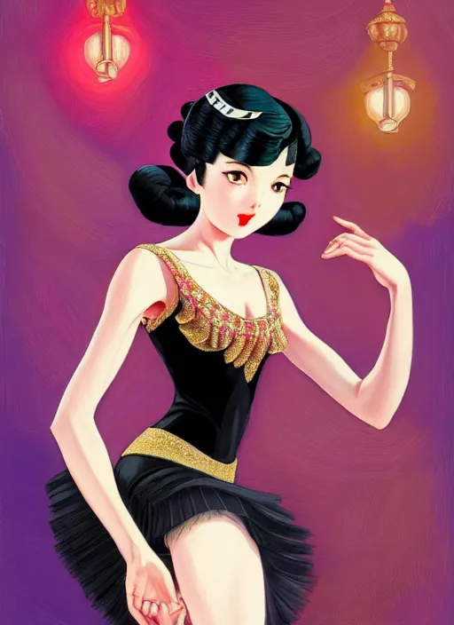 Image similar to a beautiful dancer with black hair in 1930's fashion, ballroom background, intricate, highly detailed, digital painting, artstation, official media, anime key visual, concept art, rich vivid colors, ambient lighting, sharp focus, illustration, art by Artgerm, Makoto Shinkai, Ilya Kuvshinov, Lois Van Baarle, and Rossdraws