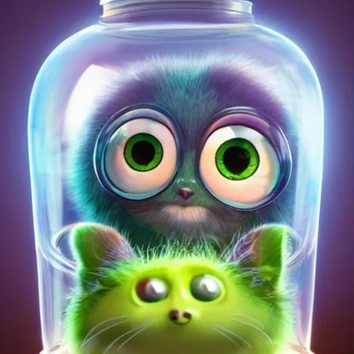 Prompt: cute small fluffy creature with big eyes inside a glass jar, digital illustration, cartoon creature, vivid color, soft light, masterpiece, tranding on artstation, very detailed, 3 d render, by pixar and miyazaki