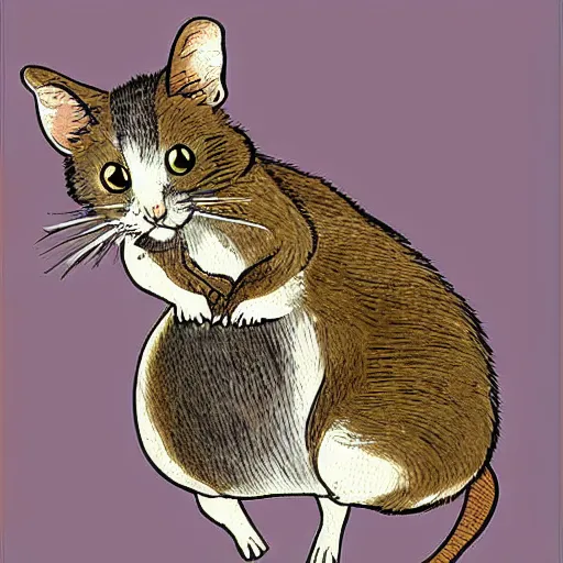 Image similar to a mouse riding on a prancing cat, illustration, digital art