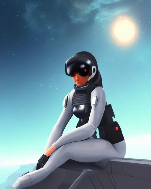 Prompt: concept art of a beautiful sleek futursitic astronaut, she is sitting in the edge of an alien cliff overlooking an alien landscape | | epic - fine - clean, polished, trending on artstation, anime style, brush strokes