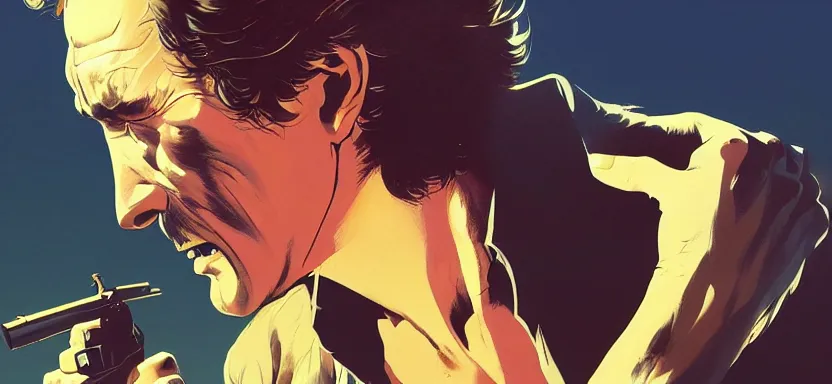 Image similar to dirty harry with a 4 4 magnum, digital painting masterpiece, by ilya kuvshinov, by frank frazetta, by mœbius, by reiq, by hayao miyazaki, intricate detail, beautiful brush strokes, advanced lighting technology, 4 k wallpaper, interesting character design, stylized yet realistic anatomy and faces, inspired by kill bill animated scene