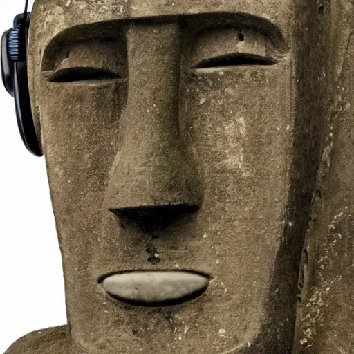 Image similar to a high detail photo of a moai wearing headphones