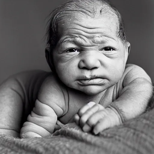 Prompt: a baby with old wrinkly skin and gray hair, photo by annie leibovitz