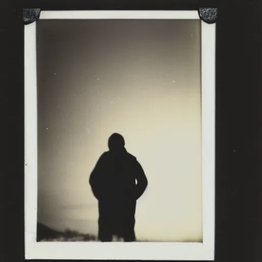 Image similar to polaroid photograph of ufo taken, two dark, silhoutted aliens are in front of it, hanebau, 1 9 5 0 s, black and white, blurry