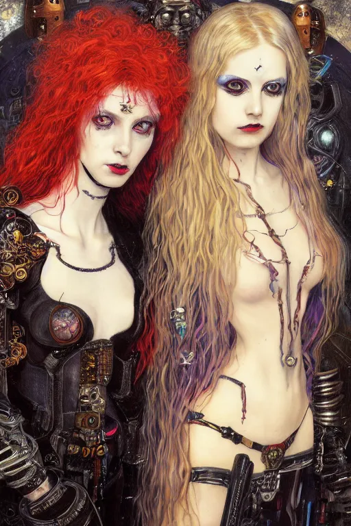 Image similar to portrait of two beautiful young gothic cyborg maidens, cyberpunk, Warhammer, kiss, highly detailed, artstation, illustration, art by Gustav Klimt