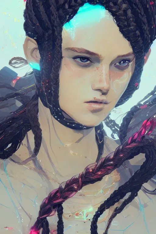 Prompt: a ultradetailed beautiful panting of a. i. with the braids, by conrad roset, greg rutkowski and makoto shinkai trending on artstation