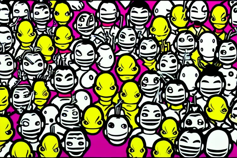 Image similar to anthropomorphic highly detailed wide - angle group portrait of grey cute mr bean goblins looking funny by roy lichtenstein, by andy warhol, ben - day dots, pop art, bladerunner, pixiv contest winner, cyberpunk style, vivid color scheme, high resolution, hd, intricate detail, fine detail, 8 k