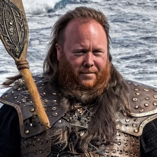 Image similar to Alex Jones dressed as a viking jarl, standing at the helm of a longship