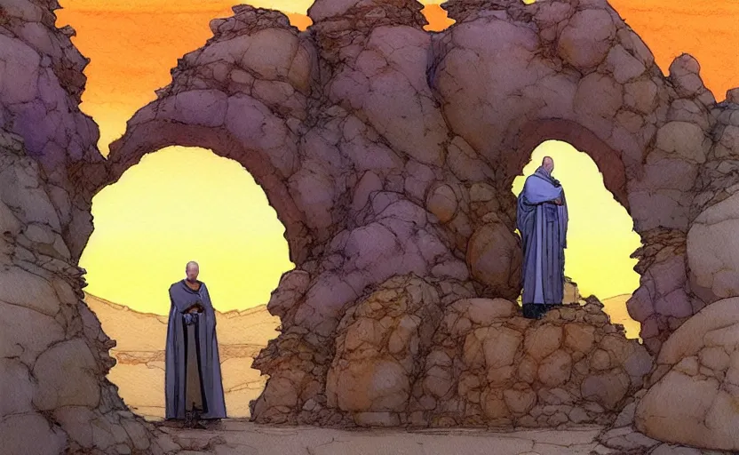 Image similar to a hyperrealist watercolour concept art of a desert day. through a large rock arch is a time portal to an orange sunset sky. a medieval monk in grey robes is in the foreground. by rebecca guay, michael kaluta, charles vess and jean moebius giraud. high detail, hq, wide shot