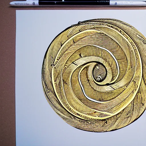 Prompt: micron pen drawing of a a golden spiral, complex, infinite, sacred, gold metallic ink white paper