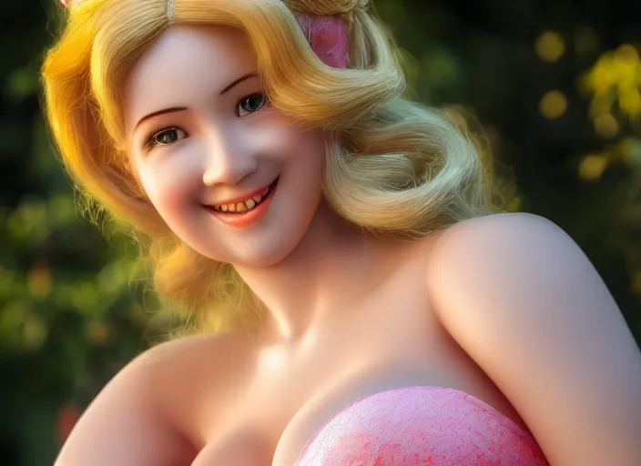 Prompt: a closeup, 4 5 mm, detailed photograph hyper realistic princess peach portrait, tight push up bra, large bust, with a seductive smile, beautiful low light, 4 5 mm, by franz lanting