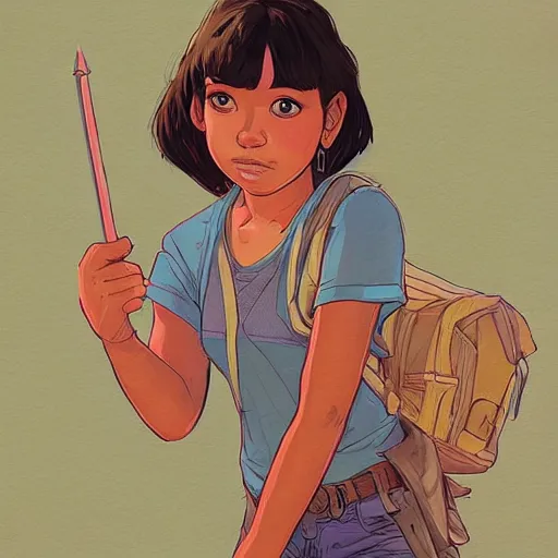 Image similar to a study of cell shaded portrait of Isabela Moner as dora the explorer, concept art, illustration, post grunge, concept art by josan gonzales and wlop, by james jean, Victo ngai, David Rubín, Mike Mignola, Laurie Greasley, highly detailed, sharp focus, Trending on Artstation, HQ, deviantart, art by artgem