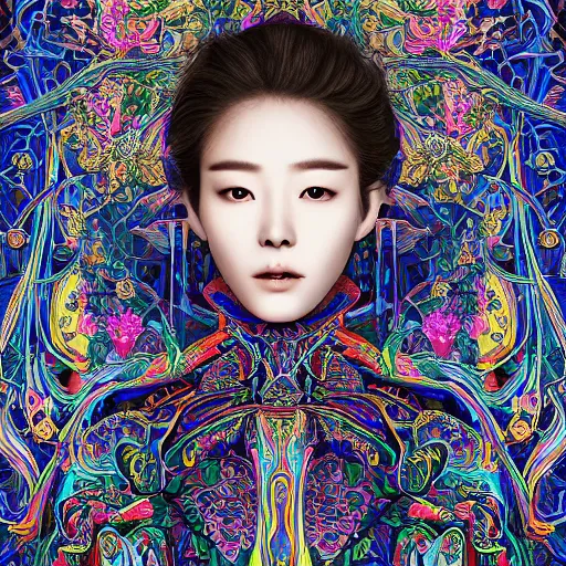 Image similar to the portrait of an unbelievably beautiful, elegant, and sophicated young yoo seung ok partially made of broccoli, an ultrafine detailed illustration by james jean, intricate linework, bright colors, final fantasy, behance contest winner, vanitas, angular, altermodern, unreal engine 5 highly rendered, global illumination, radiant light, detailed and intricate environment