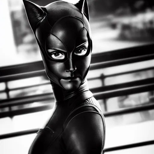 Image similar to Emma Watson as Catwoman, XF IQ4, f/1.4, ISO 200, 1/160s, natural light, Adobe Lightroom, DxO Photolab, polarizing filter, Sense of Depth, AI enhanced, denoised, sharpened, HDR