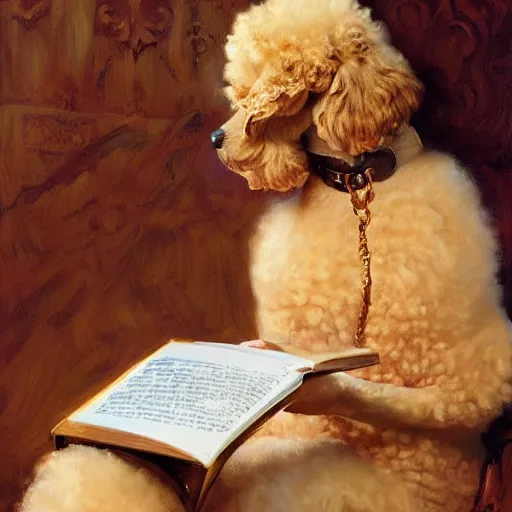 Prompt: a poodle reading a big book, highly detailed painting by gaston bussiere, craig mullins, j. c. leyendecker 8 k