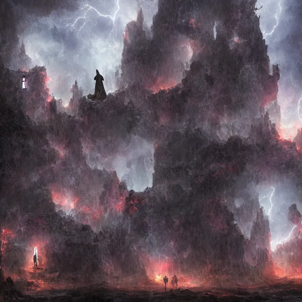 Image similar to a still of a cloaked figure standing in the ruins of crux prime, monastery, there is lightning, blue fiery maelstrom in the distance, it is raining, digital art, artstationhq