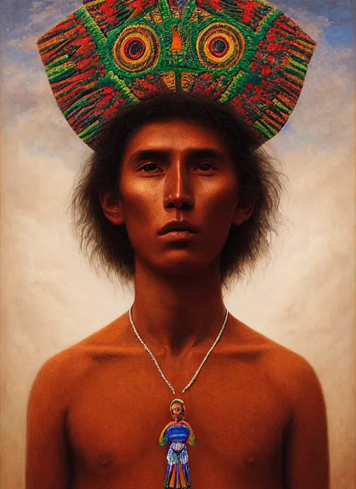Prompt: portrait of a magical huichol boy in oaxaca mexico, by agostino arrivabene and tom bagshaw and manuel sanjulian