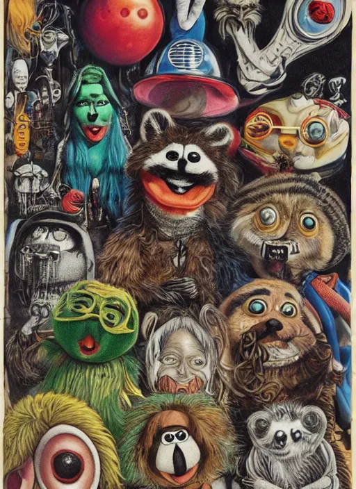 Image similar to portrait of raccoon surfer, amanita muppet punk, basil wolverton, r crumb, hr giger, dali