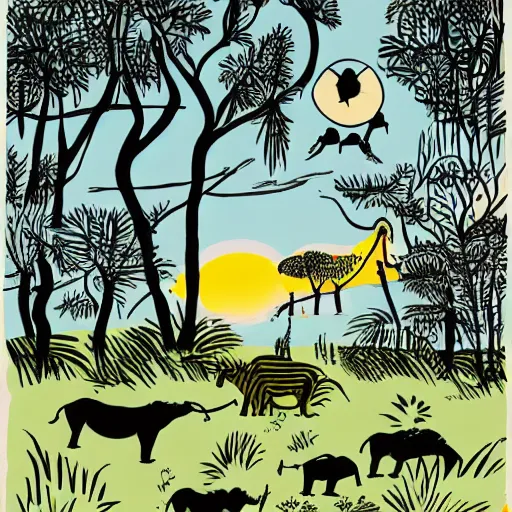 Image similar to quentin blake, mcbess illustration of a safari at sunset