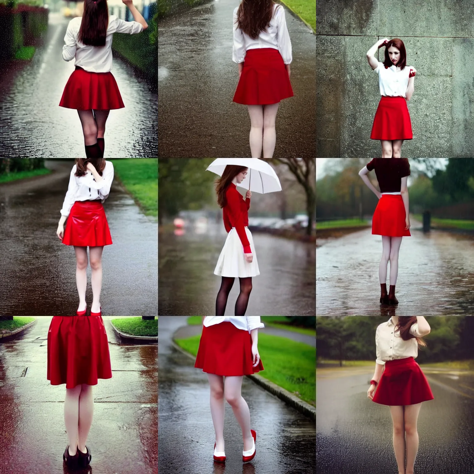 Prompt: beautiful classy young woman with brown hair and pale skin, standing in the rain, wearing a short red skirt and white blouse, high quality, pinterest
