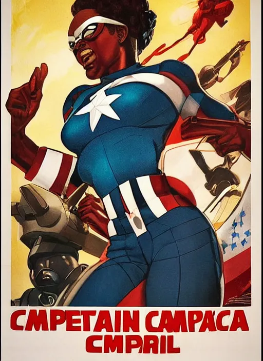 Image similar to beautiful black female captain america. afro - feminist captain america wins wwii. american wwii propaganda poster by james gurney, rob liefeld and pixar. gorgeous face. overwatch, realistic. black power