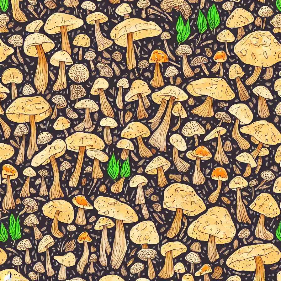 Image similar to macro photo with a mushroom characters and mycelium, very close to real nature, natural colors and natural surroundings, painted patterns and coloring on mushrooms, seamless fabric pattern 8K, highly detailed, cartoon