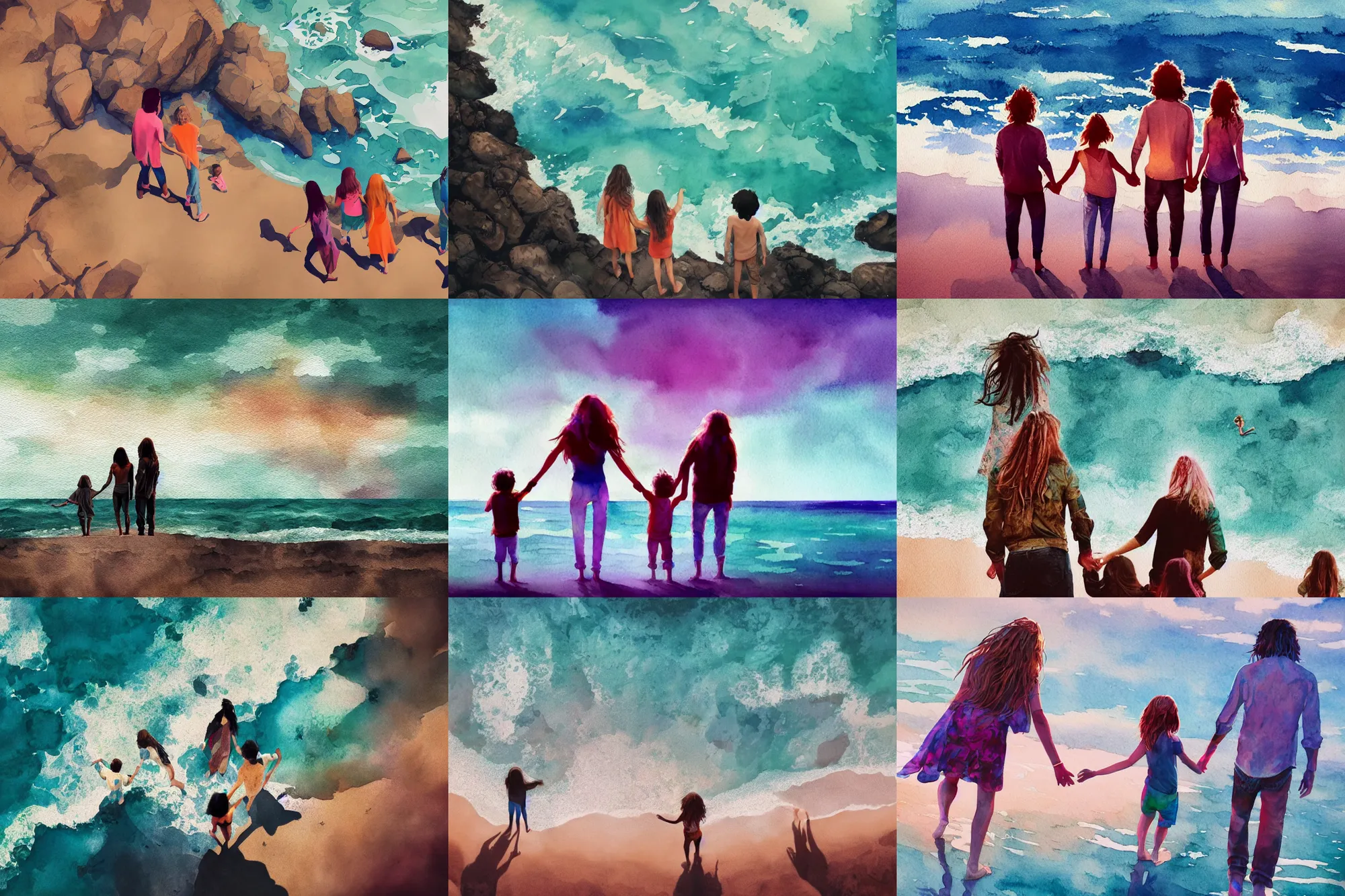 Prompt: hippie style family — woman, men, boy, girl looking at the ocean holding hands, far - view, art, cinematic composition, octane render, high detail, 8 k, artstation trending, watercolor, artwork by tooth wu, colorful contrast,!! very coherent!!, dark shadow, thick lineart