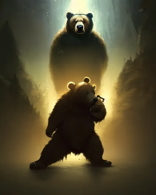 Image similar to Giant Bear scared of mouse, medium shot, D&D, artstation, fantasy, magic the gathering artwork, cinematic lighting, centered, symmetrical, highly detailed, digital painting, , concept art, smooth, sharp focus, illustration, volumetric lighting, epic Composition, 8k, art by Akihiko Yoshida and Greg Rutkowski and Craig Mullins, oil painting, cgsociety