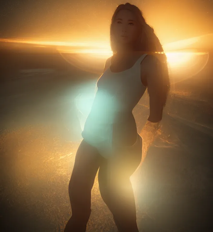 Image similar to centered waist up portrait of an angel + glowing outlines, bokeh + DOF + 8k, photorealistic + rendered in unreal engine + ultra realistic + backlit + strong rimlight, sunset + HDRI, HD, Photoreal