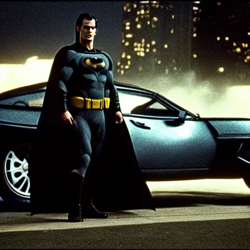 Image similar to henry cavill as batman in batman ( 1 9 8 9 ), standing next to the batmobile, by tim burton, dark deco, gotham city, film still