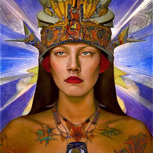 Image similar to queen of the dawn with her lantern and regalia, by donato giancola and nicholas roerich, and ( ( ( ( ( diego rivera ) ) ) ) ), symbolist, tattoos, dramatic lighting, elaborate geometric ornament, art brut, god rays, soft cool colors, smooth, sharp focus, extremely detailed