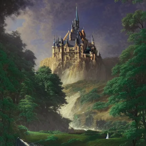 Prompt: beautiful illustration of a big castle in a serene landscape, dragons flying in the sky, lightning, by albert bierstadt, green grass, highly detailed, crystal lighting, mystical, forest, hyperrealistic, 4 k, unreal engine, magical, by joe fenton, by greg rutkowski, by greg tocchini, by kaws, by kate beaton, by kaethe butcher