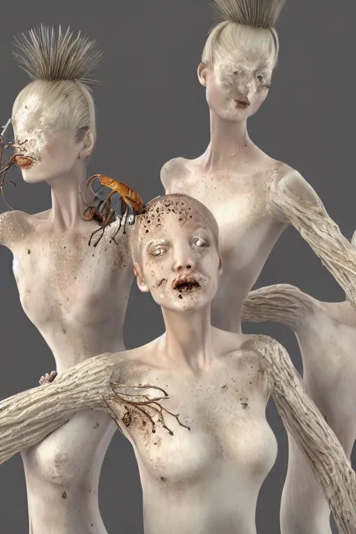 Image similar to ultra realistic 3 d render of porcelain women infected with cordyceps fungus, mushrooms, floral, beautiful, elegant